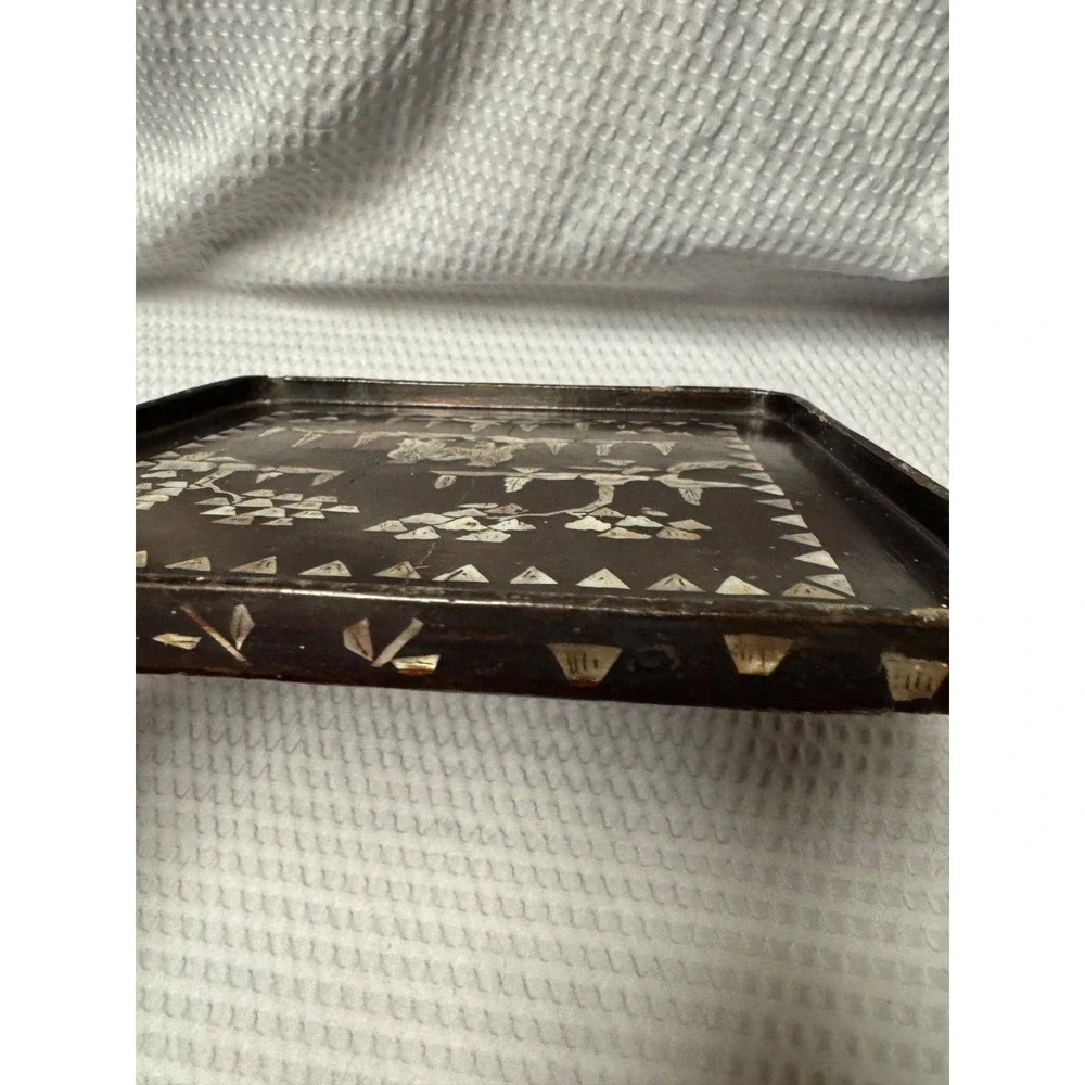 Antique Chinese Inlaid Mother of Pearl Wood Tray Tree People Figure 9.25 x 9.25